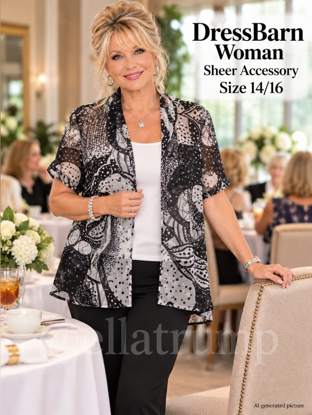 Dress Barn Woman Sheer Black White Accessory Blouse size 14/16